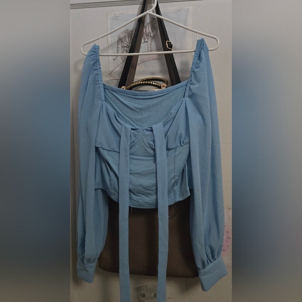 Stylish Blue Long Sleeve Crop Top